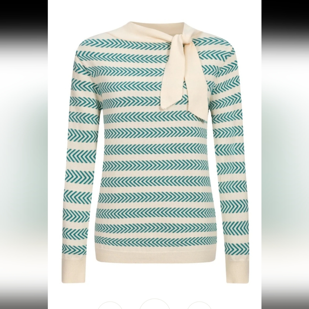 Cream Long-Sleeve Bow-Neck Sweater with Teal Chevron Stripes